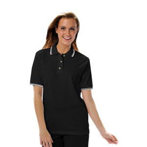 LADIES SHORT SLEEVE TIPPED COLLAR & CUFF PIQUES  -  BLACK 2 EXTRA LARGE TIPPED WHITE