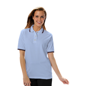 LADIES SHORT SLEEVE TIPPED COLLAR & CUFF PIQUES  -  LIGHT BLUE 2 EXTRA LARGE TIPPED NAVY