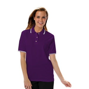 LADIES SHORT SLEEVE TIPPED COLLAR & CUFF PIQUES  -  PURPLE 2 EXTRA LARGE TIPPED IVORY