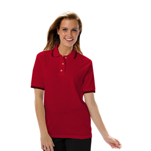 LADIES SHORT SLEEVE TIPPED COLLAR & CUFF PIQUES  -  RED 2 EXTRA LARGE TIPPED BLACK