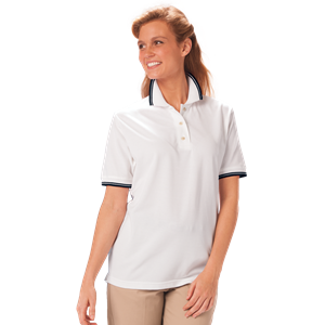 LADIES SHORT SLEEVE TIPPED COLLAR & CUFF PIQUES###  -  WHITE SMALL TIPPED NAVY