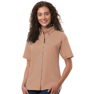 LADIES SHORT SLEEVE 100% COTTON TWILL  -  TAN 2 EXTRA LARGE SOLID