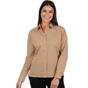 LADIES LONG SLEEVE EASY CARE POPLIN  -  TAN 2 EXTRA LARGE SOLID