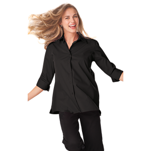 LADIES 3/4 SLEEVE EASY CARE POPLIN SWING BLOUSE/MATCHING BUTTONS   -  BLACK 2 EXTRA LARGE SOLID