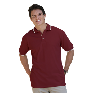 MENS SHORT SLEEVE TIPPED COLLAR & CUFF PIQUES  -  BURGUNDY SMALL TIPPED WHITE