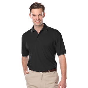 MENS WICKING PIPED POLO  -  BLACK 2 EXTRA LARGE SOLID